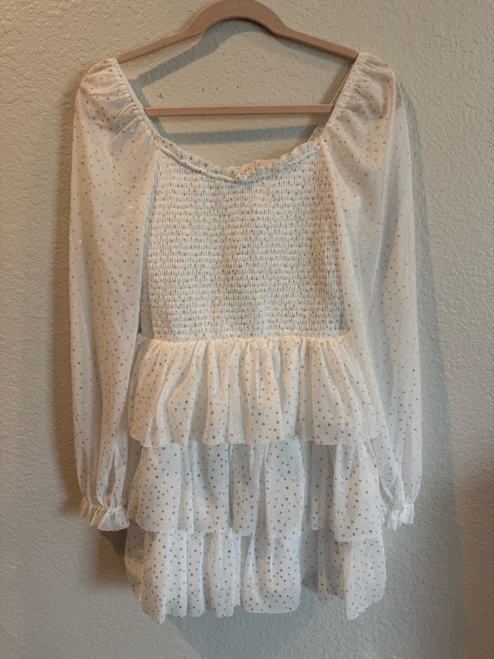 Crystal Doll White Sparkly Smocked Tiered Ruffle Long-Sleeve Dress